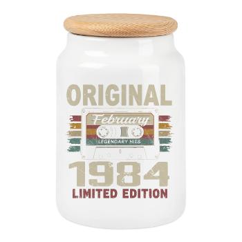 Février 1984, Cadeau d'Anniversaire février 1984 - Boîte à biscuits avec couvercle en bois - blanc - Devant