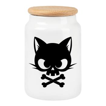 Crâne de chat avec os | Icône gothique mignonne - Boîte à biscuits avec couvercle en bois - blanc - Devant