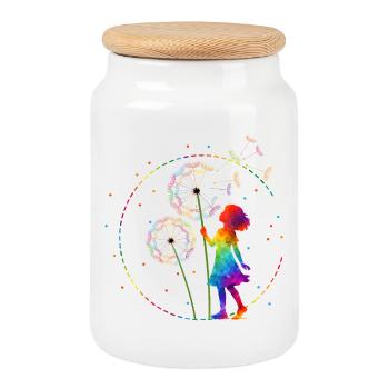 Regenbogen Mädchen mit Pusteblume - Keksdose mit Holzdeckel - Weiß - Vorne