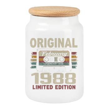 Février 1988, Cadeau d'Anniversaire février 1988 - Boîte à biscuits avec couvercle en bois - blanc - Devant