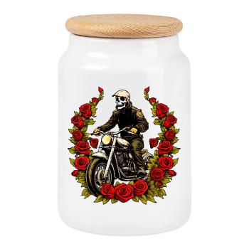 Motorcycle Skeleton Roses - Cookie Jar with Wooden Lid - white - Front
