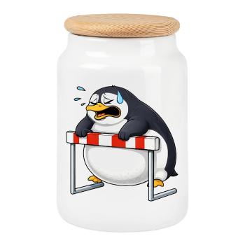 Cute penguin cartoon funny unsporty hurdle - Cookie Jar with Wooden Lid - white - Front