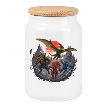 Dino Ninja - Boîte à biscuits avec couvercle en bois - blanc - Devant