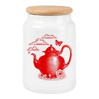 Rote Teekanne Vintage - Keksdose mit Holzdeckel - Weiß - Vorne