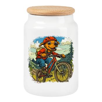Chien Vélo / Chien VTT - Boîte à biscuits avec couvercle en bois - blanc - Devant