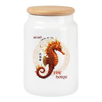 Hippocampe de Feu 2026 – Année de bébé 2026 - Boîte à biscuits avec couvercle en bois - blanc - Devant