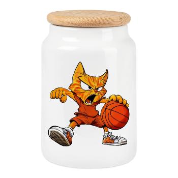 Basketball Katzen - Cooler Kater - Keksdose mit Holzdeckel - Weiß - Vorne