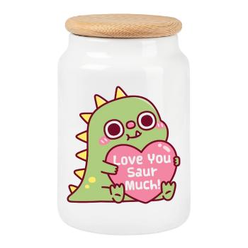 Cute Dinosaur Hugs Heart Love You Saur Much Pun - Cookie Jar with Wooden Lid - white - Front