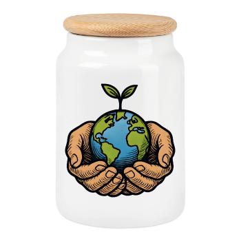 Earth in hands with seedling - Cookie Jar with Wooden Lid - white - Front