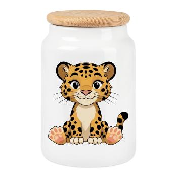 Leopard Kitten Cartoon Print - Cookie Jar with Wooden Lid - white - Front