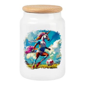 Einhörner Fussball / Fussballer Einhorn - Keksdose mit Holzdeckel - Weiß - Vorne