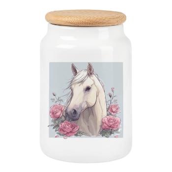Cheval avec des fleurs - Boîte à biscuits avec couvercle en bois - blanc - Devant
