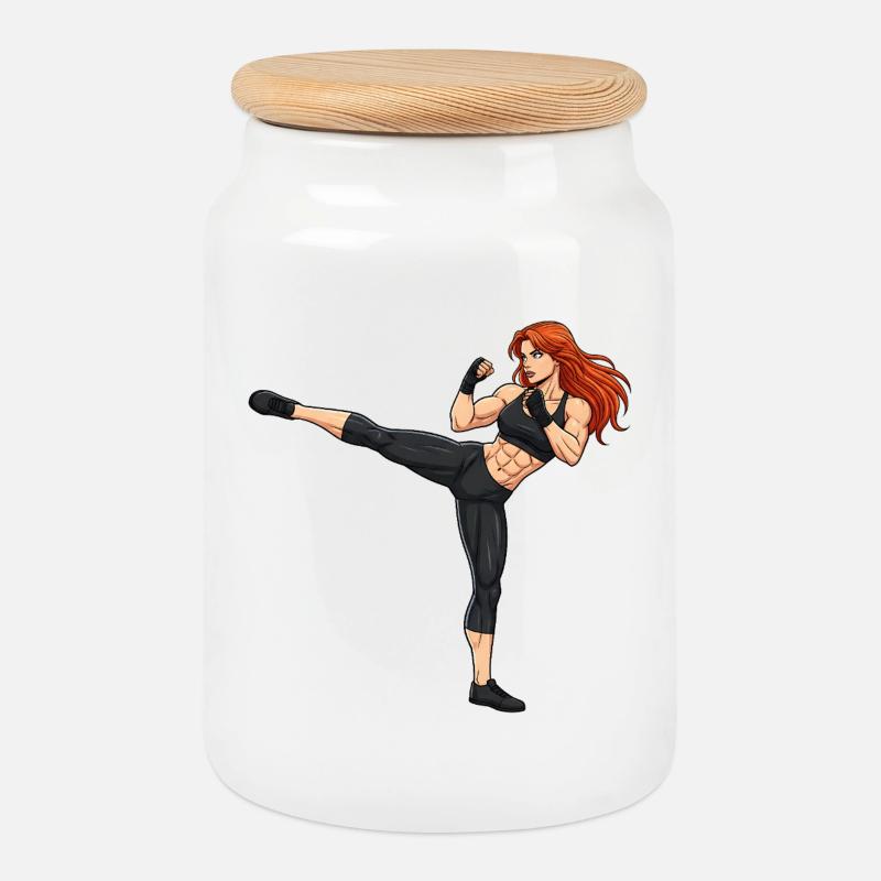 Kampfkunst Kickboxerin Illustration - Keksdose mit Holzdeckel - Weiß