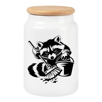 Raccoon with bucket & mop - Cookie Jar with Wooden Lid - white - Front