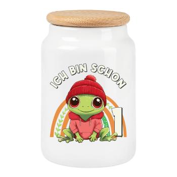 1er anniversaire Grenouille arc-en-ciel mignonne - Boîte à biscuits avec couvercle en bois - blanc - Devant
