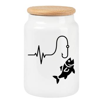 Heartbeat Fishing Fish Silhouette - Cookie Jar with Wooden Lid - white - Front