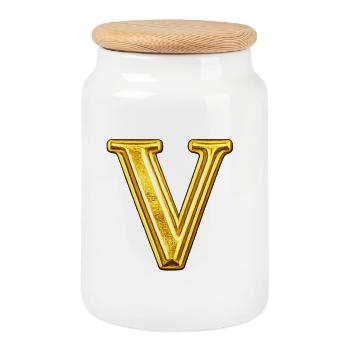 Golden V Monogram - Glossy - Cookie Jar with Wooden Lid - white - Front