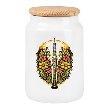 Floral Saxophone Bloom - Cookie Jar with Wooden Lid - white - Front