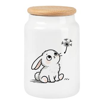 White rabbit with dreamy eyes and dandelion - Cookie Jar with Wooden Lid - white - Front