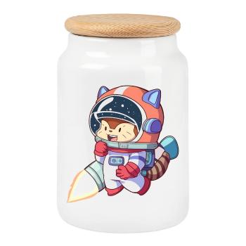 Cat astronaut in space suit - Cookie Jar with Wooden Lid - white - Front