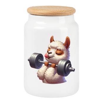 Süße Lama Alpaka Hantel Workout Fitness - Keksdose mit Holzdeckel - Weiß - Vorne