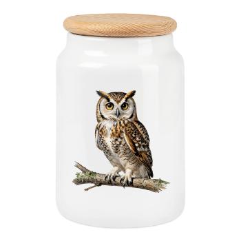 Nocturnal Owl on Branch - Cookie Jar with Wooden Lid - white - Front