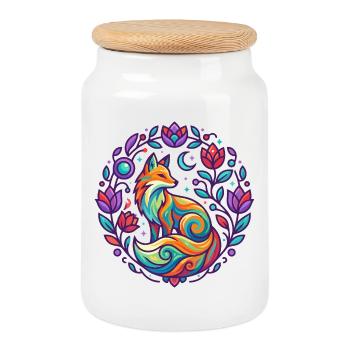 Colorful Fox Flowers Mandala Purple Girl Design - Cookie Jar with Wooden Lid - white - Front