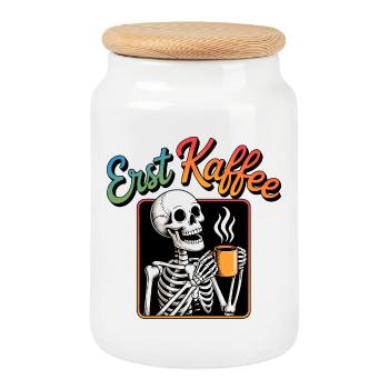 Erst Kaffee Skelett - Keksdose mit Holzdeckel - Weiß - Vorne