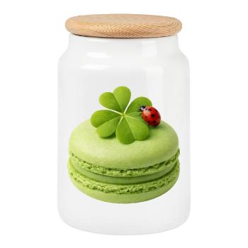 Green macaron with lucky clover - Cookie Jar with Wooden Lid - white - Front