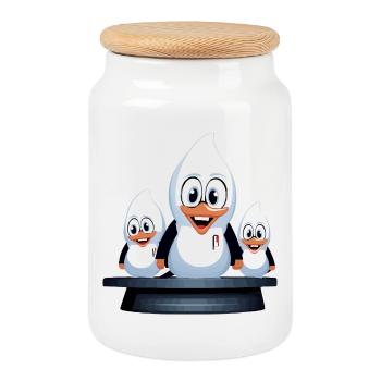 Penguin Family Trio Cartoon - Cookie Jar with Wooden Lid - white - Front