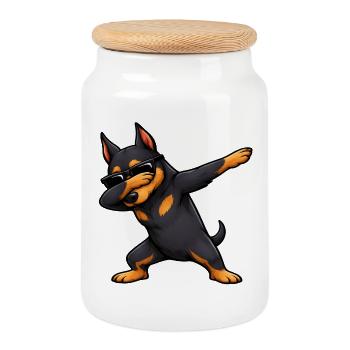 Dabbing Dobermann - Keksdose mit Holzdeckel - Weiß - Vorne