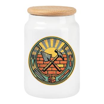 Mauerer Construction Worker Vintage - Cookie Jar with Wooden Lid - white - Front