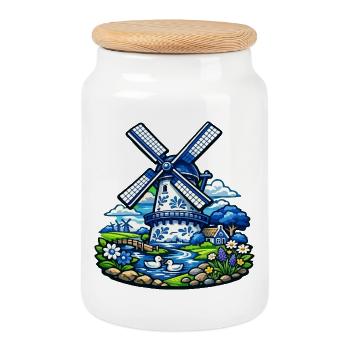 Blaue Windmühle im Garden - Keksdose mit Holzdeckel - Weiß - Vorne