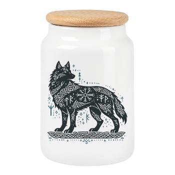 Loup nordique à motif de nœuds - Boîte à biscuits avec couvercle en bois - blanc - Devant