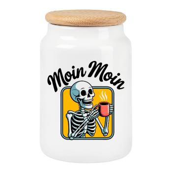 Erst Kaffee Skelett - Keksdose mit Holzdeckel - Weiß - Vorne