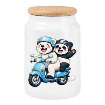 Polar Bear and Panda Bear on a Scooter - Cookie Jar with Wooden Lid - white - Front