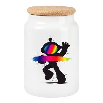 Robot Silhouette Rainbow Splash Design - Cookie Jar with Wooden Lid - white - Front