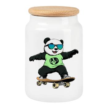 Panda Skateboard - Cookie Jar with Wooden Lid - white - Front