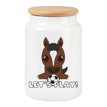 Pferd Fussball-Design: Let’s Play - Keksdose mit Holzdeckel - Weiß - Vorne