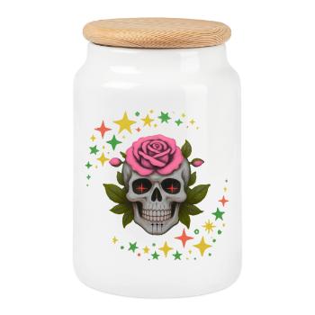 Yeux rouges, design de t-shirt crâne et roses. - Boîte à biscuits avec couvercle en bois - blanc - Devant