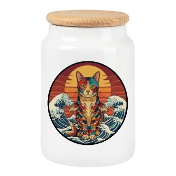Vagues de coucher de poisson koi - Boîte à biscuits avec couvercle en bois - blanc - Devant