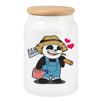 Gärtner Panda mit Herz: Süßes Garten Motiv - Keksdose mit Holzdeckel - Weiß - Vorne
