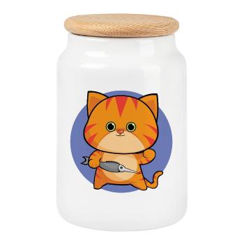 Chat tigré amical aux yeux verts - Boîte à biscuits avec couvercle en bois - blanc - Devant