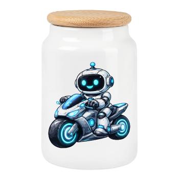 Roboter auf Motorrad - Keksdose mit Holzdeckel - Weiß - Vorne