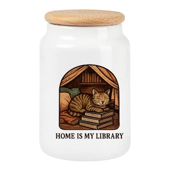 Cat happiness in the book kingdom - Cookie Jar with Wooden Lid - white - Front