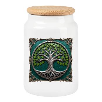 Metallic Circular Tree of Life - Cookie Jar with Wooden Lid - white - Front