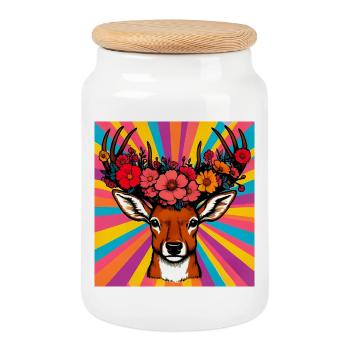 Cerf aux fleurs - Boîte à biscuits avec couvercle en bois - blanc - Devant