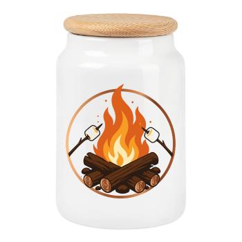 Campfire with Marshmallows Camping Motif - Cookie Jar with Wooden Lid - white - Front