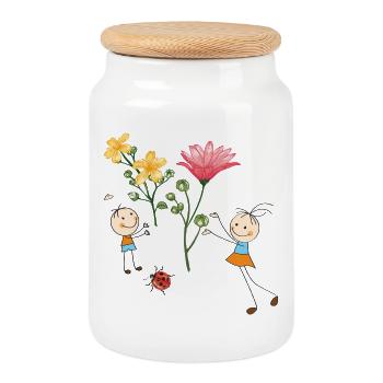 Children's cheering with colorful flowers - Cookie Jar with Wooden Lid - white - Front