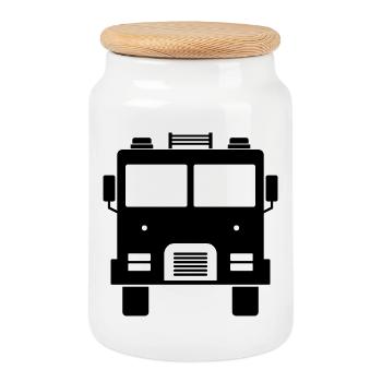 Fire truck - Cookie Jar with Wooden Lid - white - Front